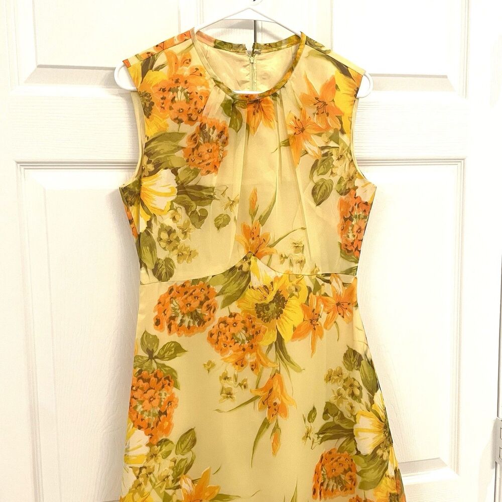 60s Vintage Yellow Floral Gown Sleeveless Maxi A-Line Dress Empire Waist Sz S/M - Picture 3 of 6